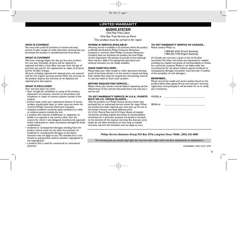 Limited warranty | Philips MC148C-37 User Manual | Page 7 / 46