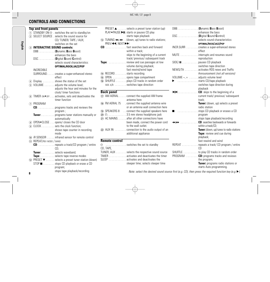 Controls and connections | Philips MC148C-37 User Manual | Page 8 / 46