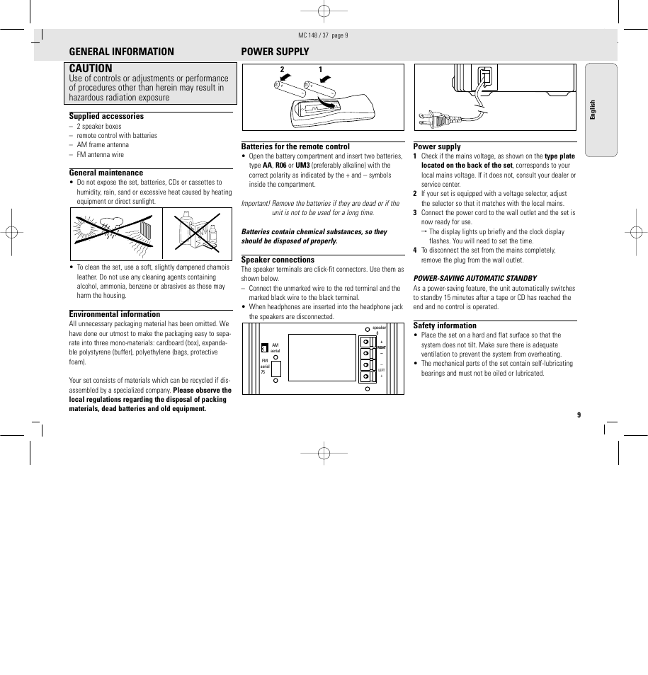 Caution, General information, Power supply | Philips MC148C-37 User Manual | Page 9 / 46