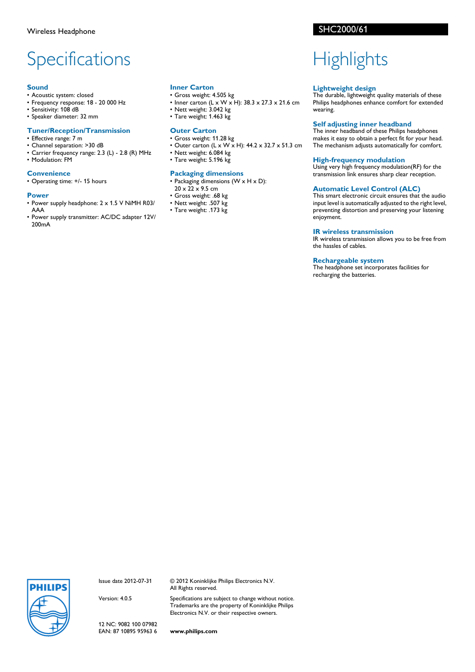 Specifications, Highlights | Philips Wireless Headphone SHC2000 User Manual | Page 2 / 2