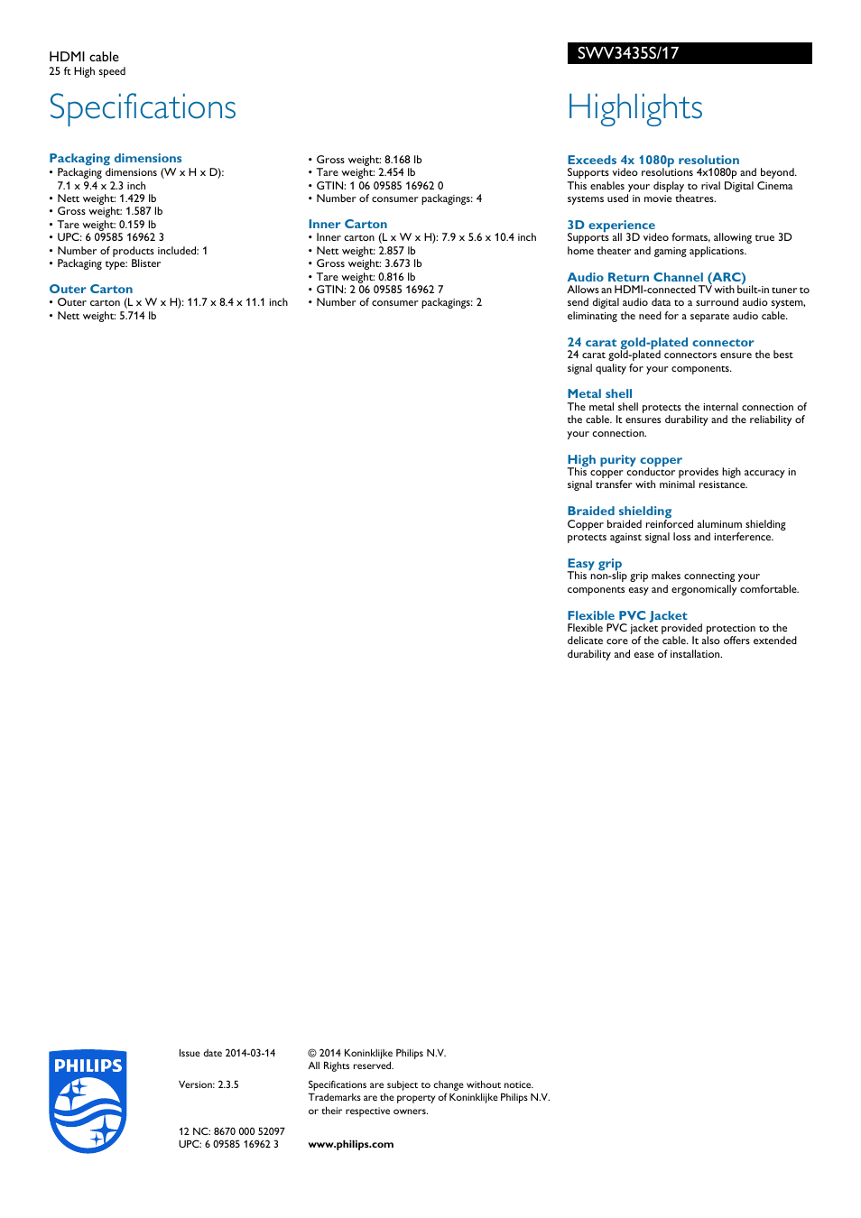 Specifications, Highlights | Philips SWV3435S-17 User Manual | Page 2 / 2