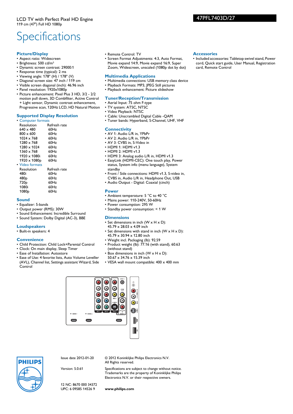 Specifications | Philips 47PFL7403D-27 User Manual | Page 3 / 3