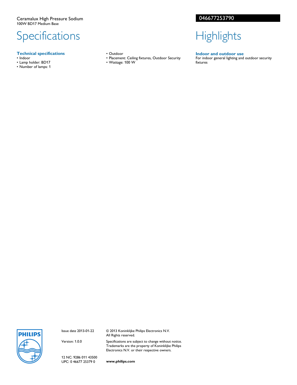 Specifications, Highlights | Philips HID Ceramalux High Pressure Sodium 046677253790 100W BD17 Medium Base User Manual | Page 2 / 2