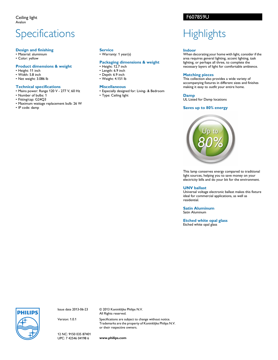 Specifications, Highlights | Philips F607859U User Manual | Page 2 / 2