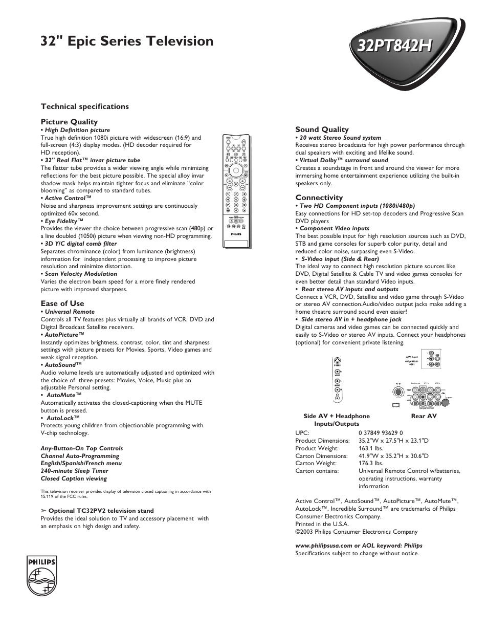 32" epic series television | Philips 32PT842H User Manual | Page 2 / 2