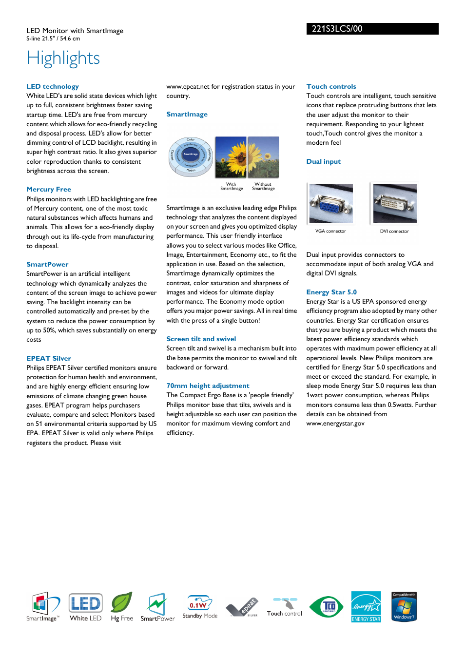 Highlights | Philips 221S3LCS-00 User Manual | Page 2 / 3