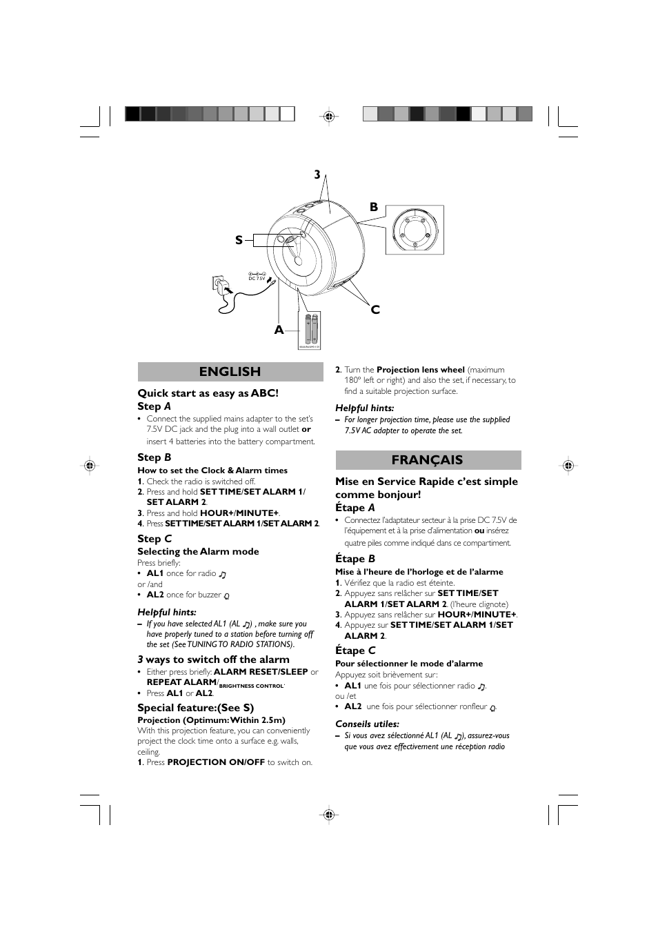 English, Français, Sc b 3 a | Philips Clock Radio AJ3600 User Manual | Page 2 / 3