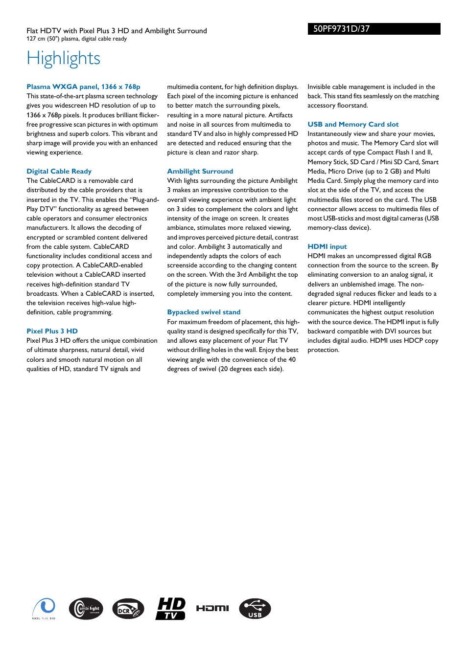 Highlights | Philips 50PF9731D-37 User Manual | Page 2 / 3