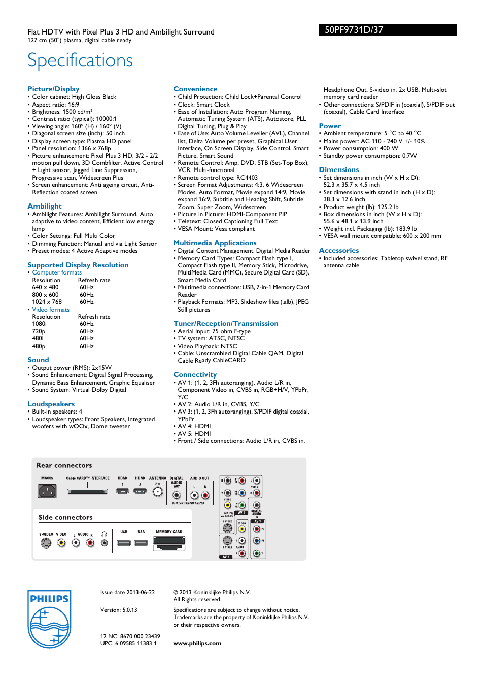 Specifications | Philips 50PF9731D-37 User Manual | Page 3 / 3