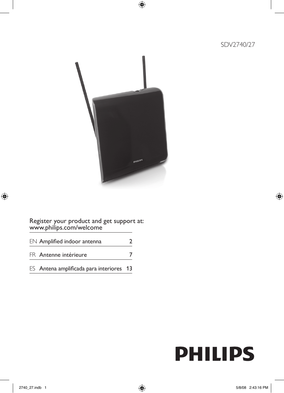 Philips TV antenna SDV2740 Digital Indoor HDTV-UHF-VHF-FM User Manual | 20 pages