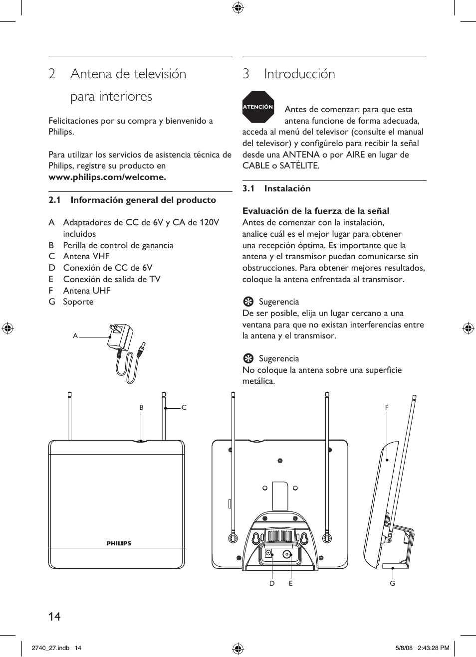 2 antena de televisión para interiores, 3 introducción | Philips TV antenna SDV2740 Digital Indoor HDTV-UHF-VHF-FM User Manual | Page 14 / 20