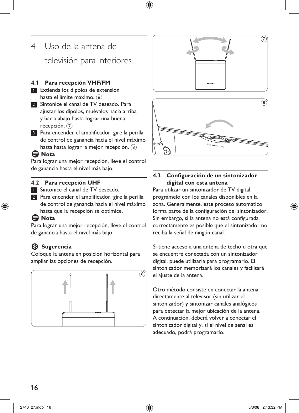 4 uso de la antena de televisión para interiores | Philips TV antenna SDV2740 Digital Indoor HDTV-UHF-VHF-FM User Manual | Page 16 / 20