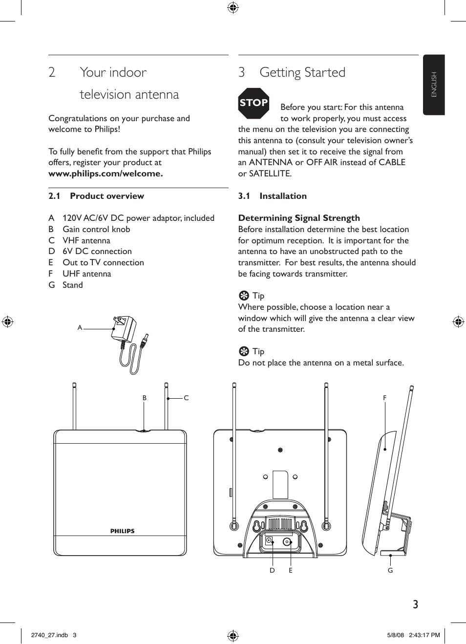 2 your indoor television antenna, 3 getting started | Philips TV antenna SDV2740 Digital Indoor HDTV-UHF-VHF-FM User Manual | Page 3 / 20