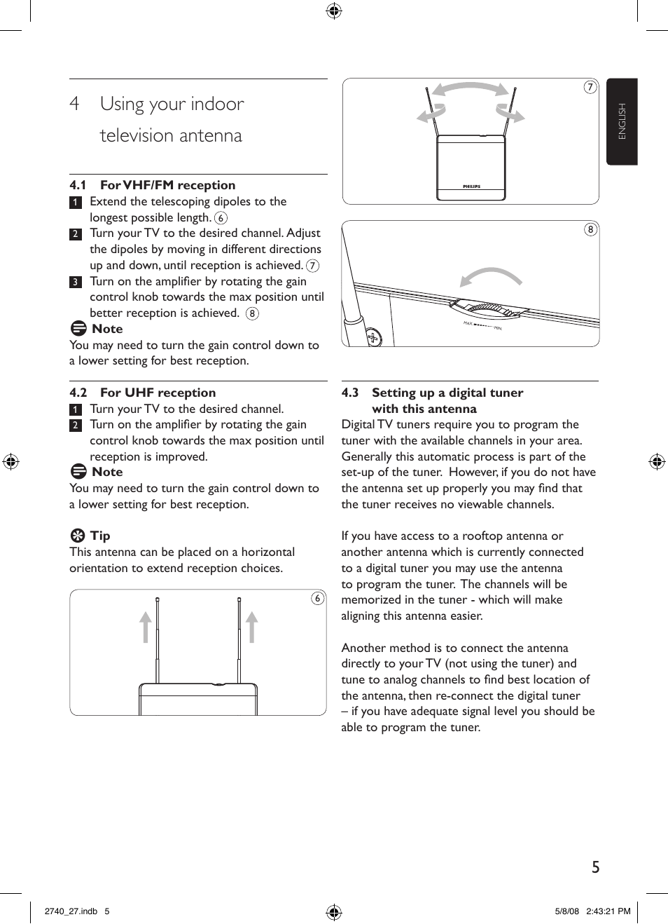 4 using your indoor television antenna | Philips TV antenna SDV2740 Digital Indoor HDTV-UHF-VHF-FM User Manual | Page 5 / 20