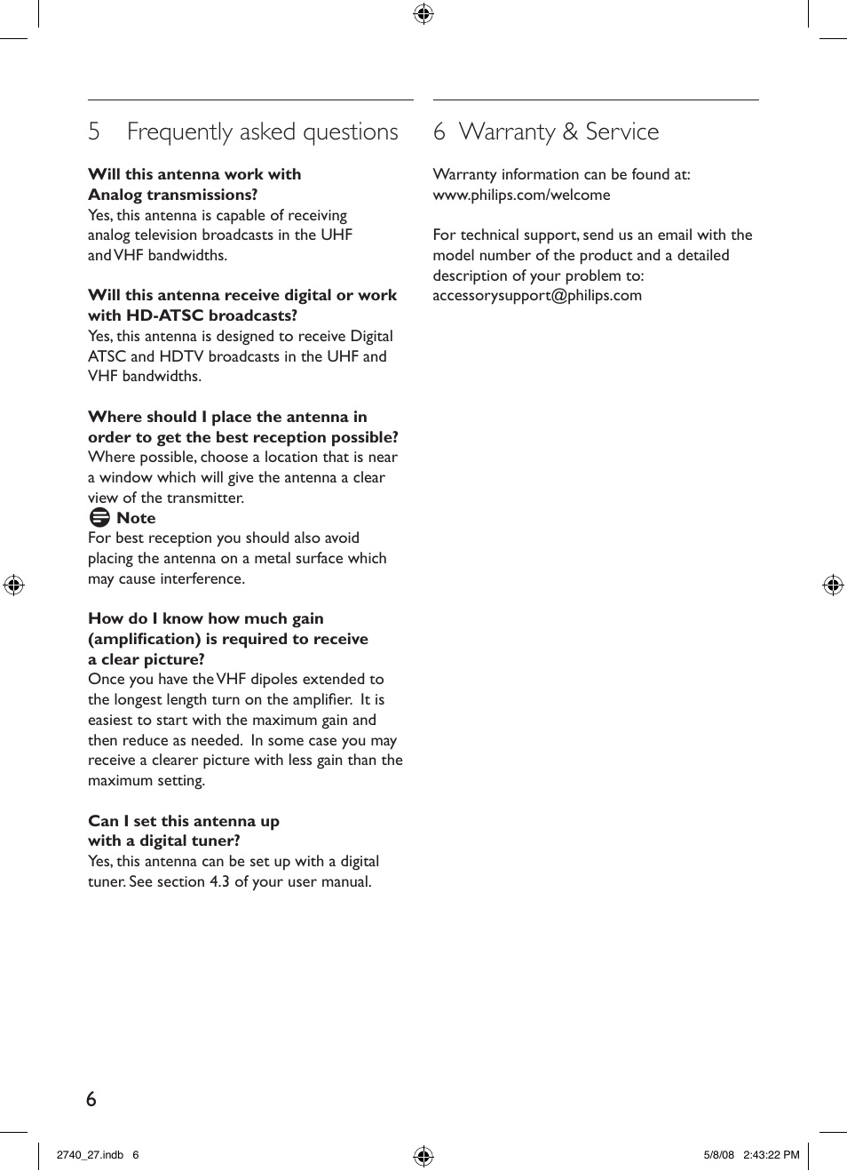 5 frequently asked questions, 6 warranty & service | Philips TV antenna SDV2740 Digital Indoor HDTV-UHF-VHF-FM User Manual | Page 6 / 20