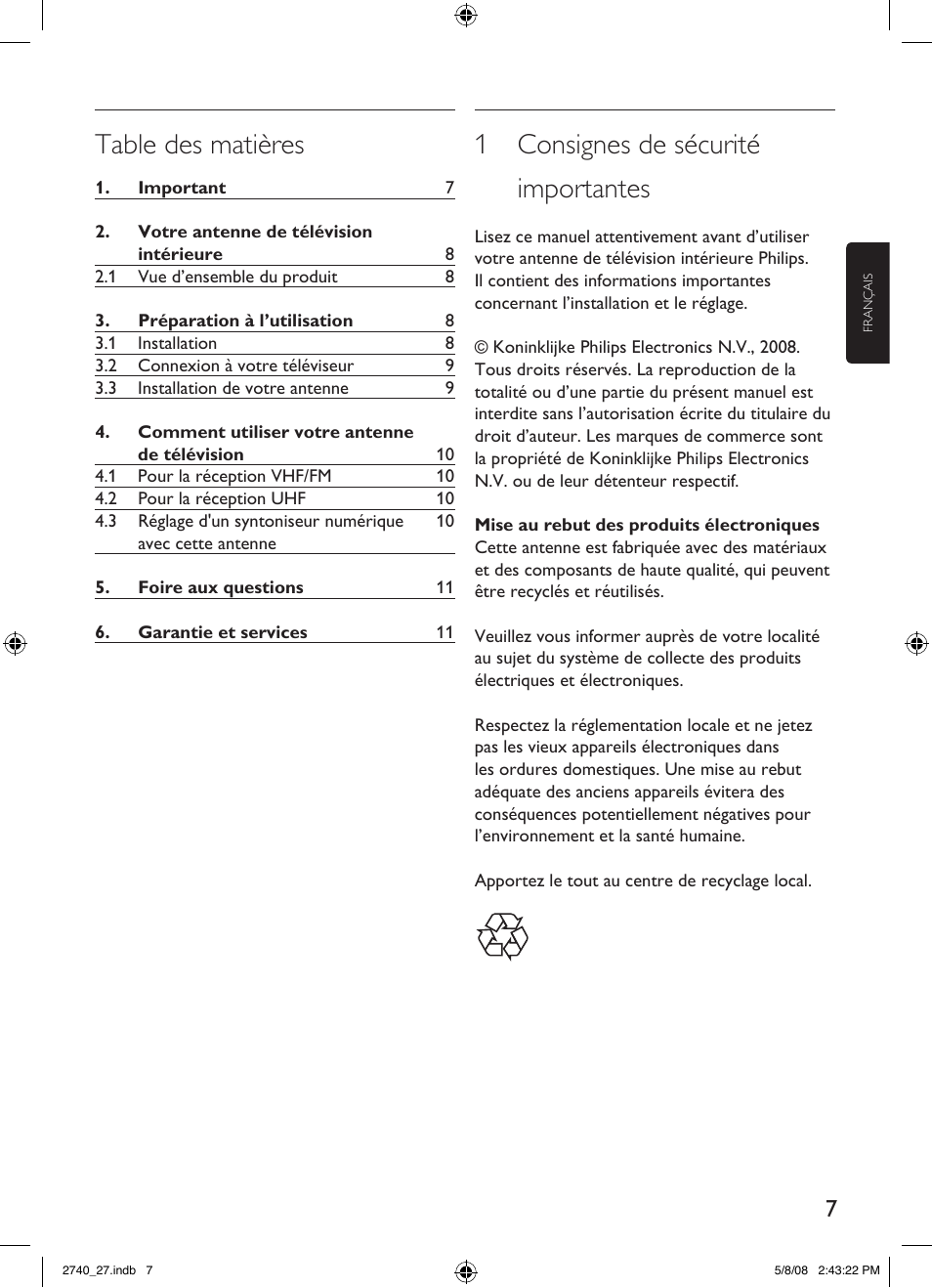 Philips TV antenna SDV2740 Digital Indoor HDTV-UHF-VHF-FM User Manual | Page 7 / 20