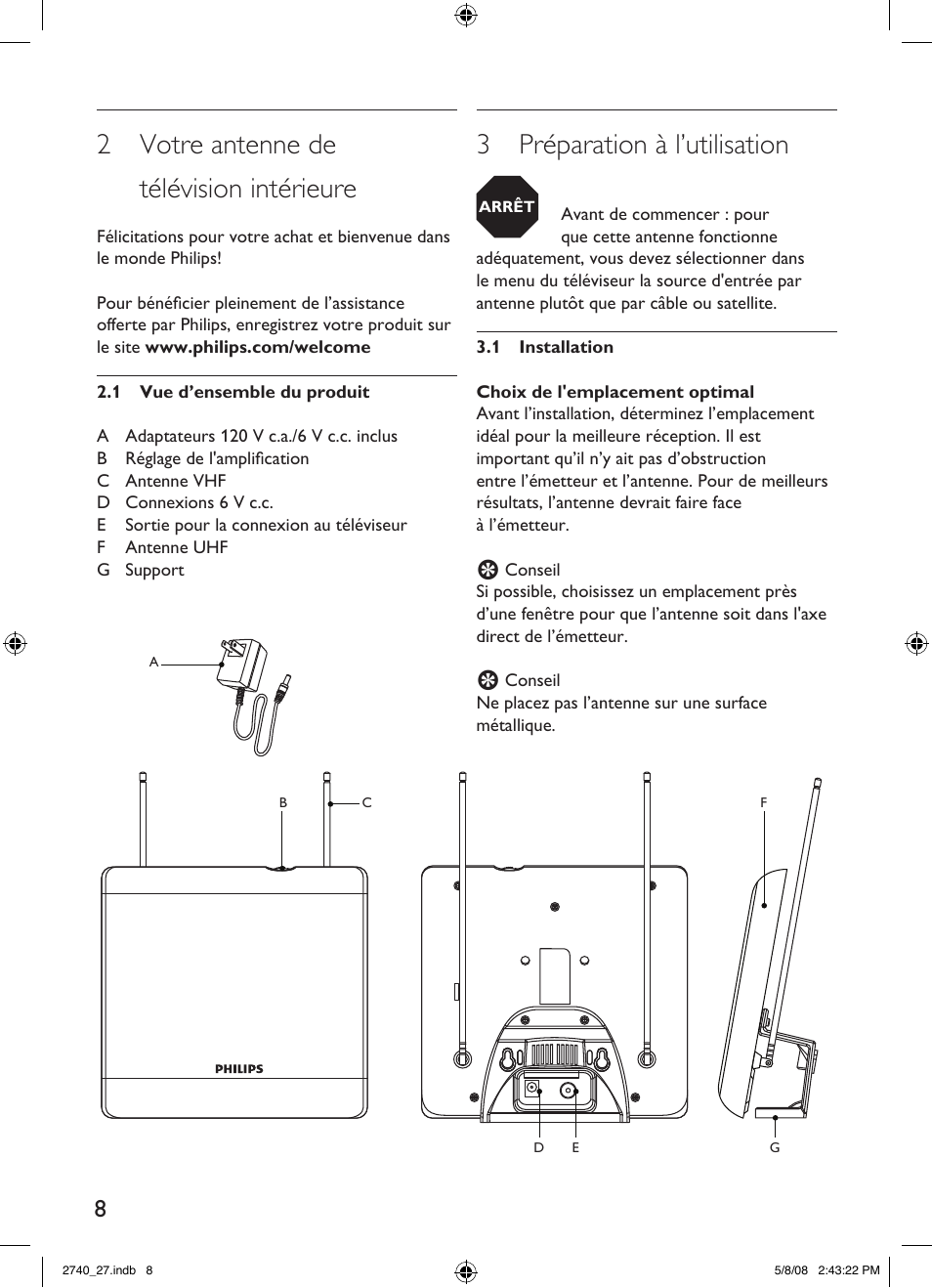 2 votre antenne de télévision intérieure, 3 préparation à l’utilisation | Philips TV antenna SDV2740 Digital Indoor HDTV-UHF-VHF-FM User Manual | Page 8 / 20