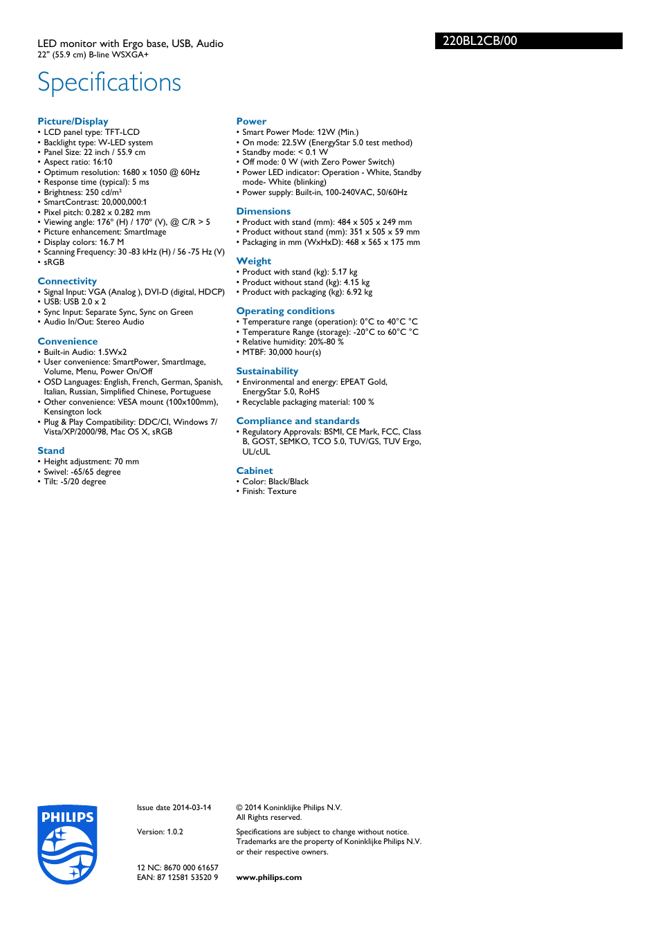 Specifications | Philips 220BL2CB-00 User Manual | Page 3 / 3