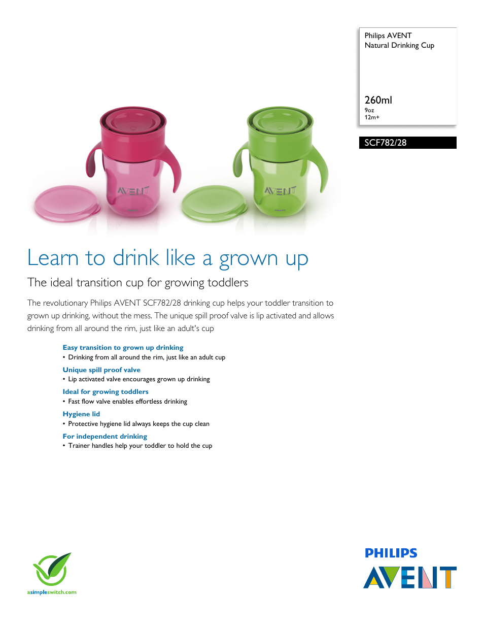 Philips AVENT Natural Drinking Cup SCF782-28 260ml 9oz 12m+ User Manual | 2 pages