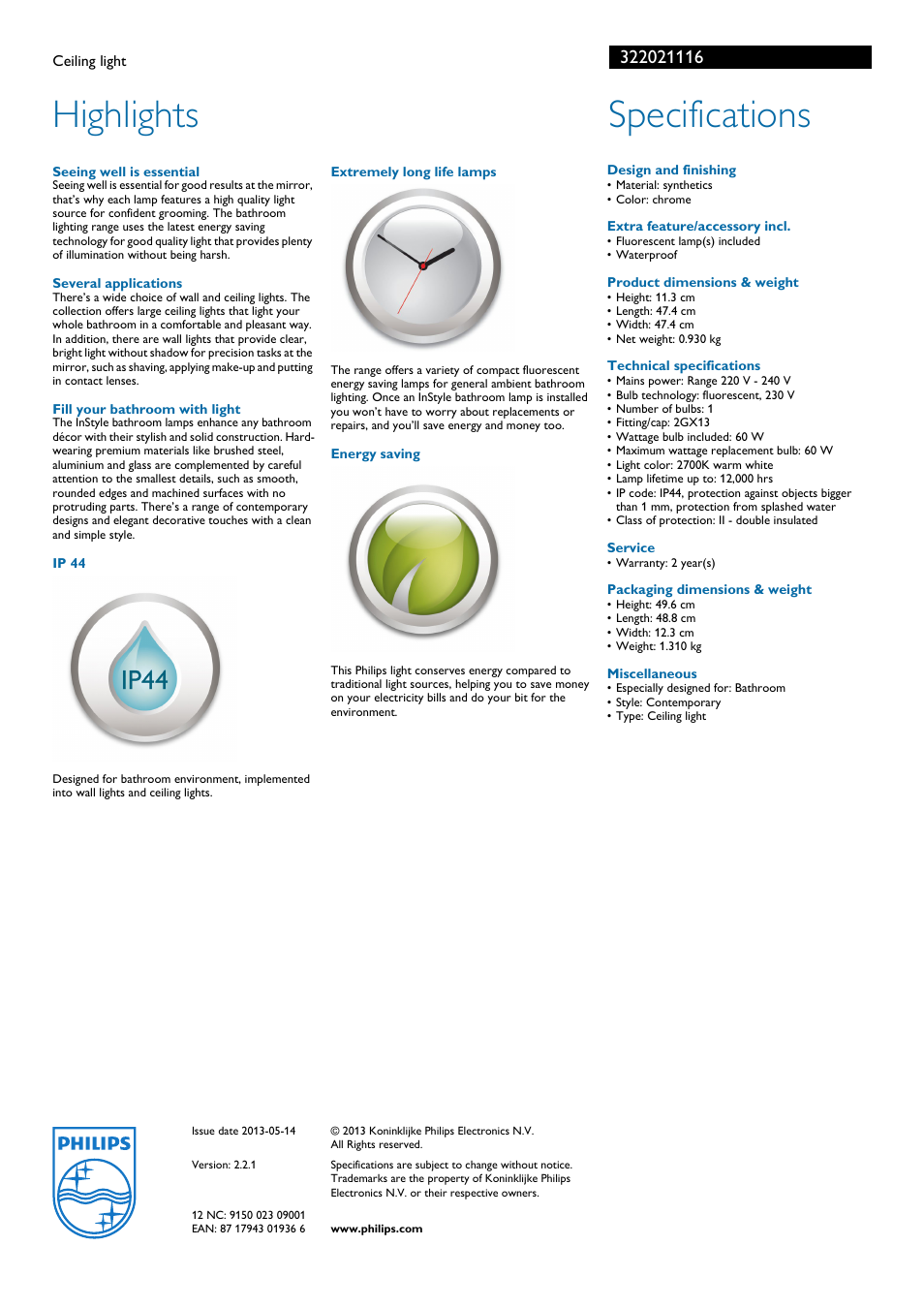 Highlights, Specifications | Philips 322021116 User Manual | Page 2 / 2