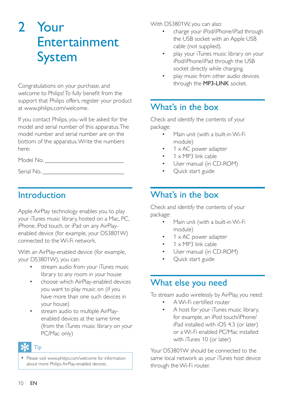 2 your entertainment system, Introduction, What’s in the box | What else you need, 2 your entertainment system 10 | Philips Fidelio SoundRing wireless speaker DS3801W User Manual | Page 10 / 28