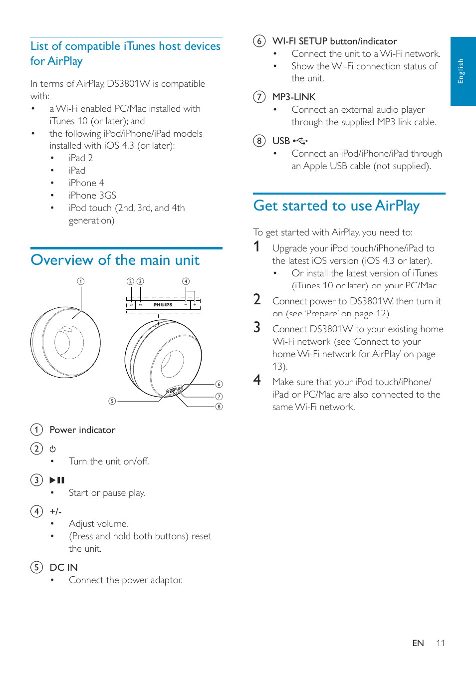 Overview of the main unit, Get started to use airplay, List of compatible itunes host devices for airplay | Philips Fidelio SoundRing wireless speaker DS3801W User Manual | Page 11 / 28