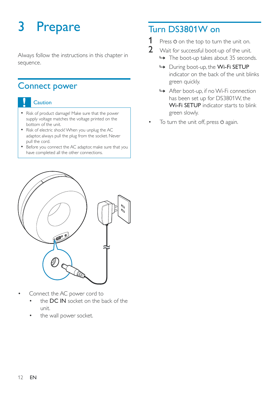 3 prepare, Connect power, Turn ds3801w on | 3 prepare 12, Connect power to ds3801w, then turn it, On (see | Philips Fidelio SoundRing wireless speaker DS3801W User Manual | Page 12 / 28