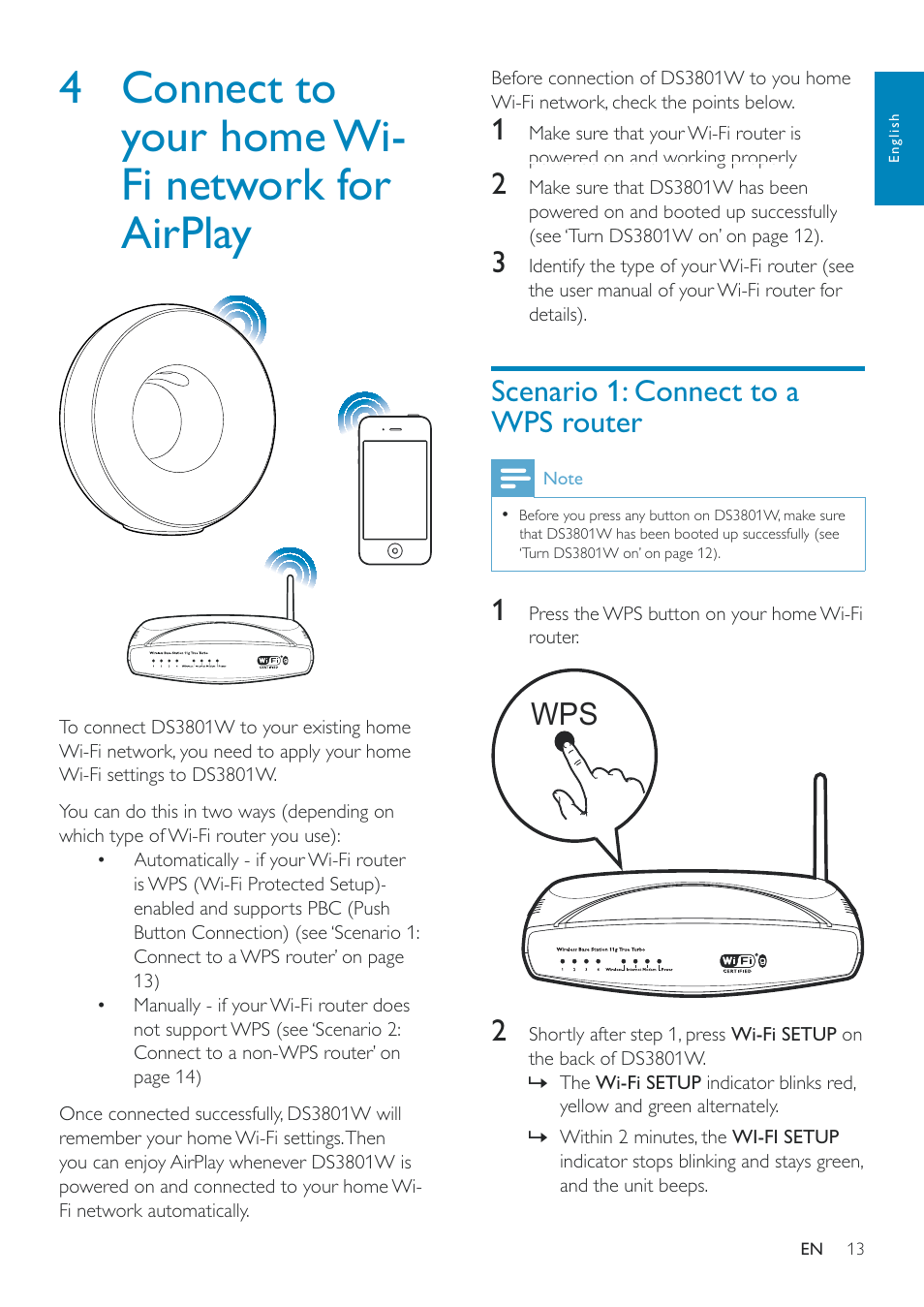 4 connect to your home wi-fi network for airplay, Scenario 1: connect to a wps router, 4 connect to your home wi-fi network | For airplay 13, Connect ds3801w to your existing home, Wi-fi network (see | Philips Fidelio SoundRing wireless speaker DS3801W User Manual | Page 13 / 28