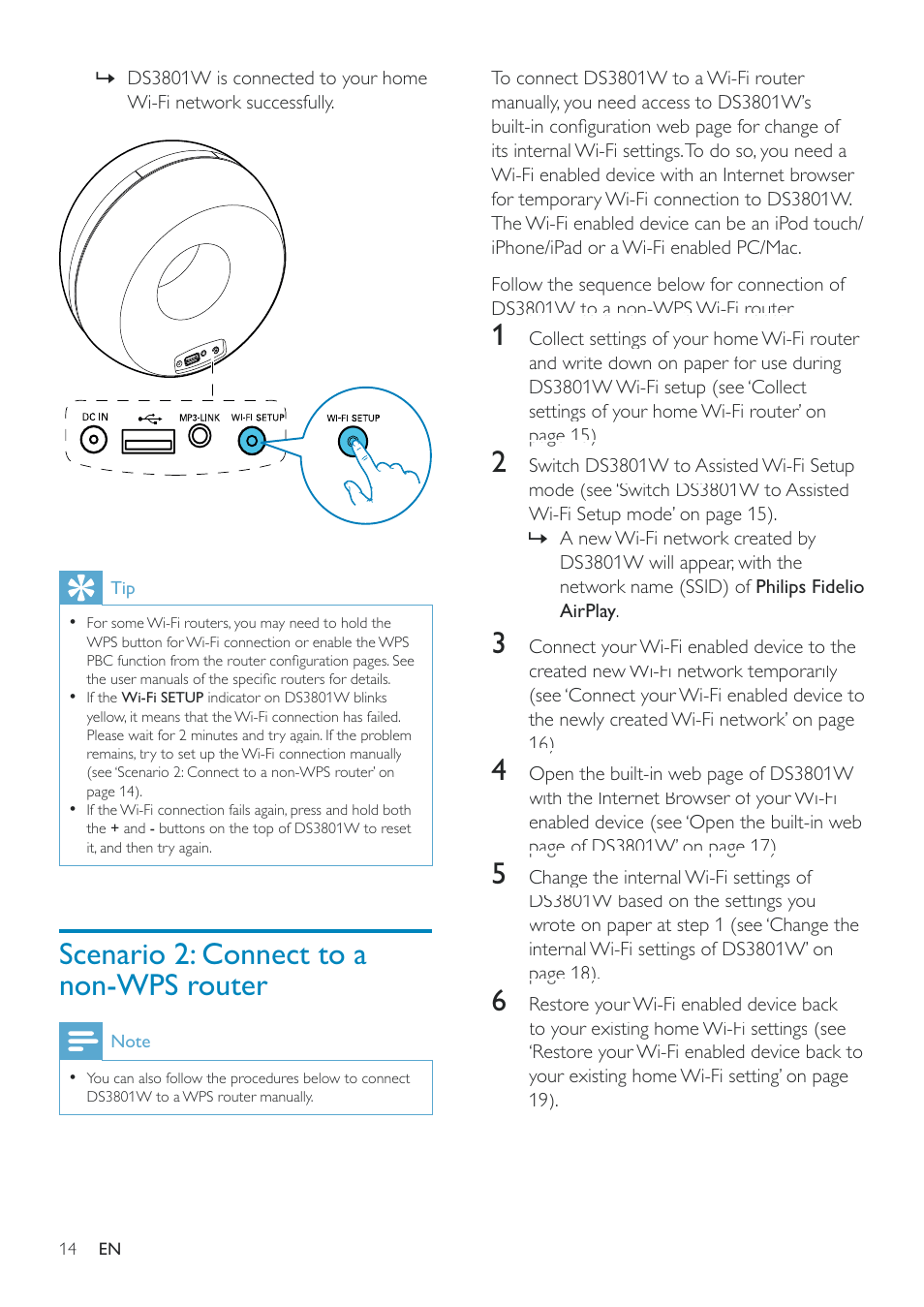 Scenario 2: connect to a non-wps router | Philips Fidelio SoundRing wireless speaker DS3801W User Manual | Page 14 / 28
