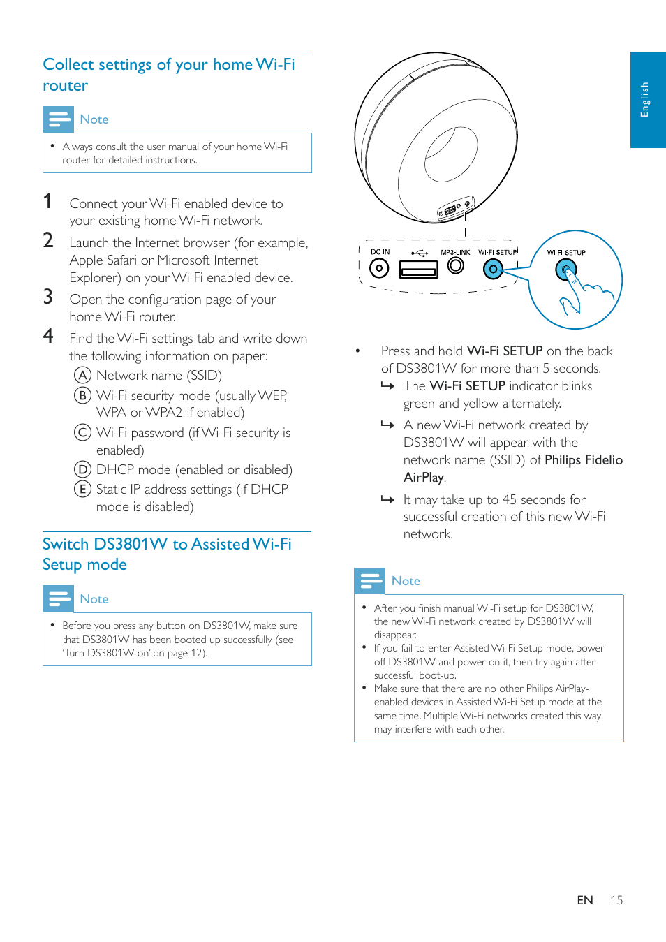 Collect settings of your home wi-fi router, Switch ds3801w to assisted wi-fi setup, Mode (see | Philips Fidelio SoundRing wireless speaker DS3801W User Manual | Page 15 / 28