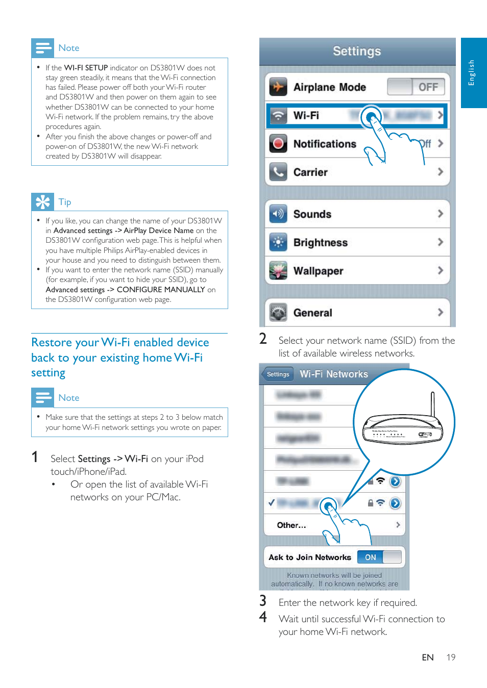 Restore your wi-fi enabled device back, To your existing home wi-fi settings (see | Philips Fidelio SoundRing wireless speaker DS3801W User Manual | Page 19 / 28