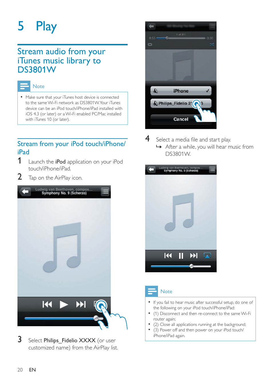 5 play, 5 play 20, Stream audio from your itunes music library | To ds3801w | Philips Fidelio SoundRing wireless speaker DS3801W User Manual | Page 20 / 28