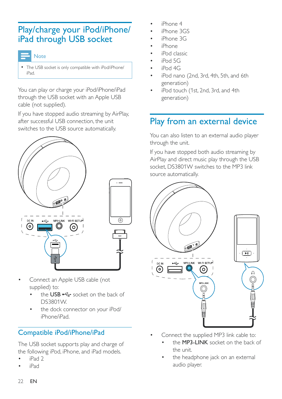 Play from an external device, Play/charge your ipod/iphone/ipad through, Usb socket | Philips Fidelio SoundRing wireless speaker DS3801W User Manual | Page 22 / 28