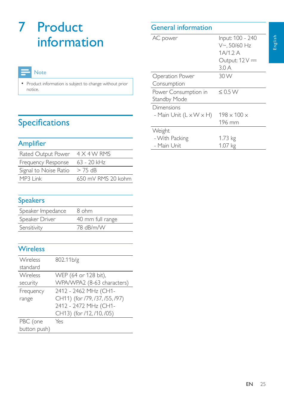 7 product information, Specifications, 7 product | Information 25, 6shflàfdwlrqv | Philips Fidelio SoundRing wireless speaker DS3801W User Manual | Page 25 / 28