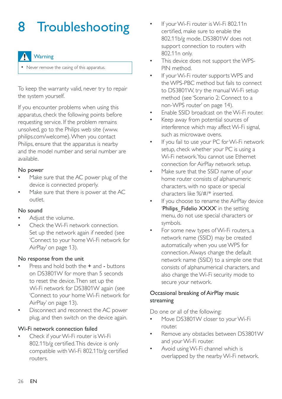 8 troubleshooting, 8 troubleshooting 26 | Philips Fidelio SoundRing wireless speaker DS3801W User Manual | Page 26 / 28