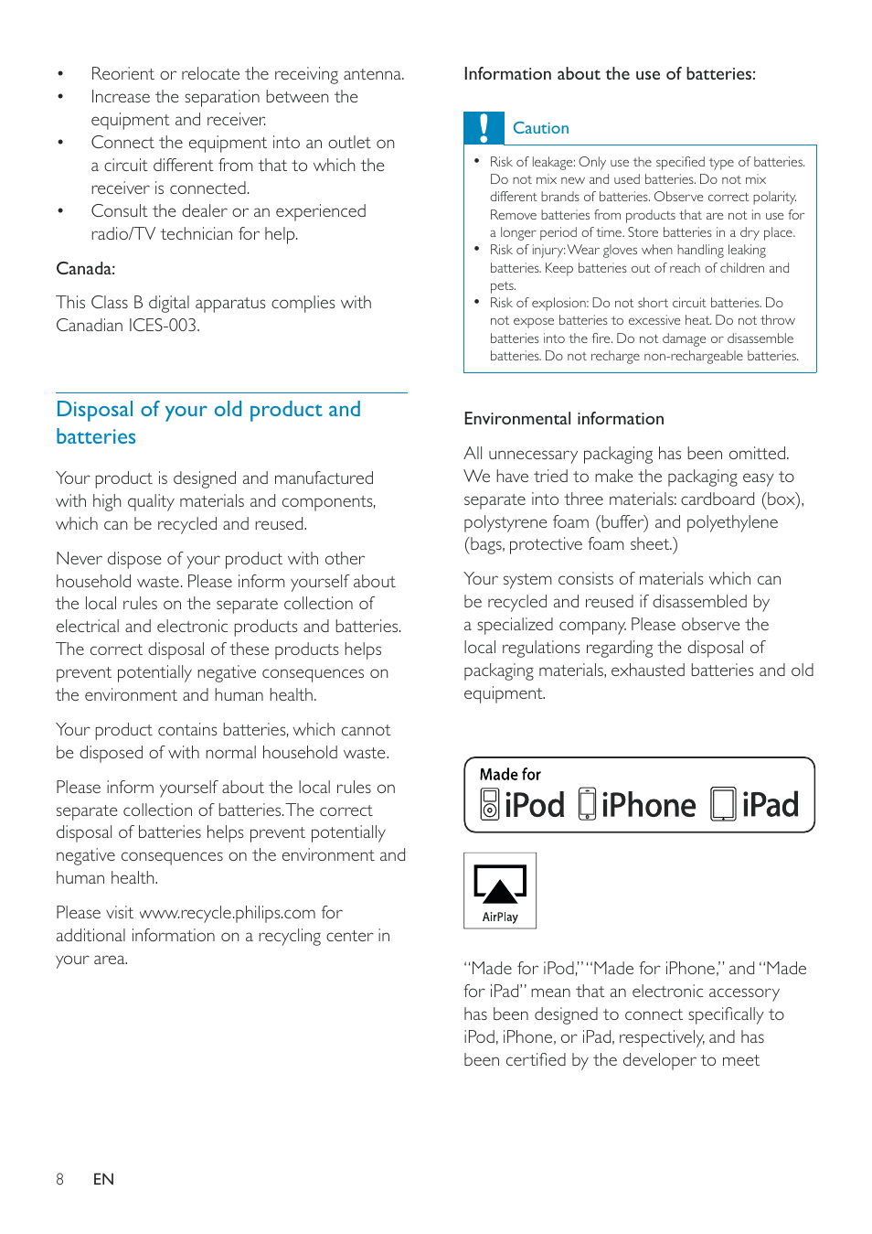 Philips Fidelio SoundRing wireless speaker DS3801W User Manual | Page 8 / 28