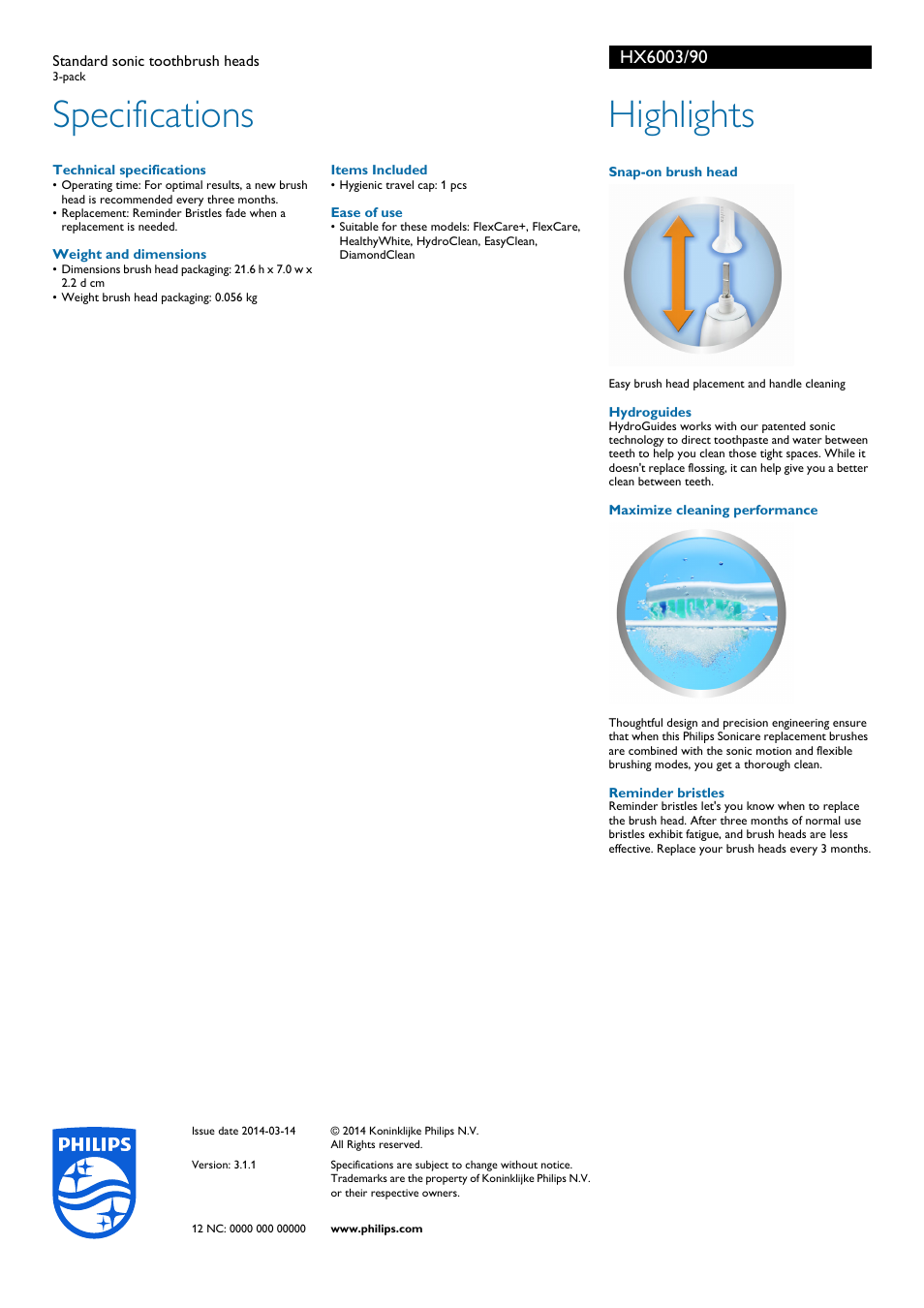 Specifications, Highlights | Philips HX6003-90 User Manual | Page 2 / 2