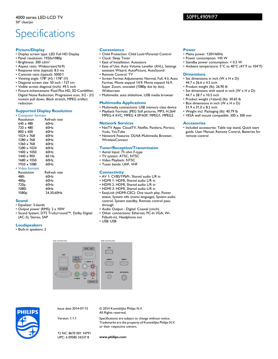 Specifications | Philips 50PFL4909-F7 User Manual | Page 3 / 3