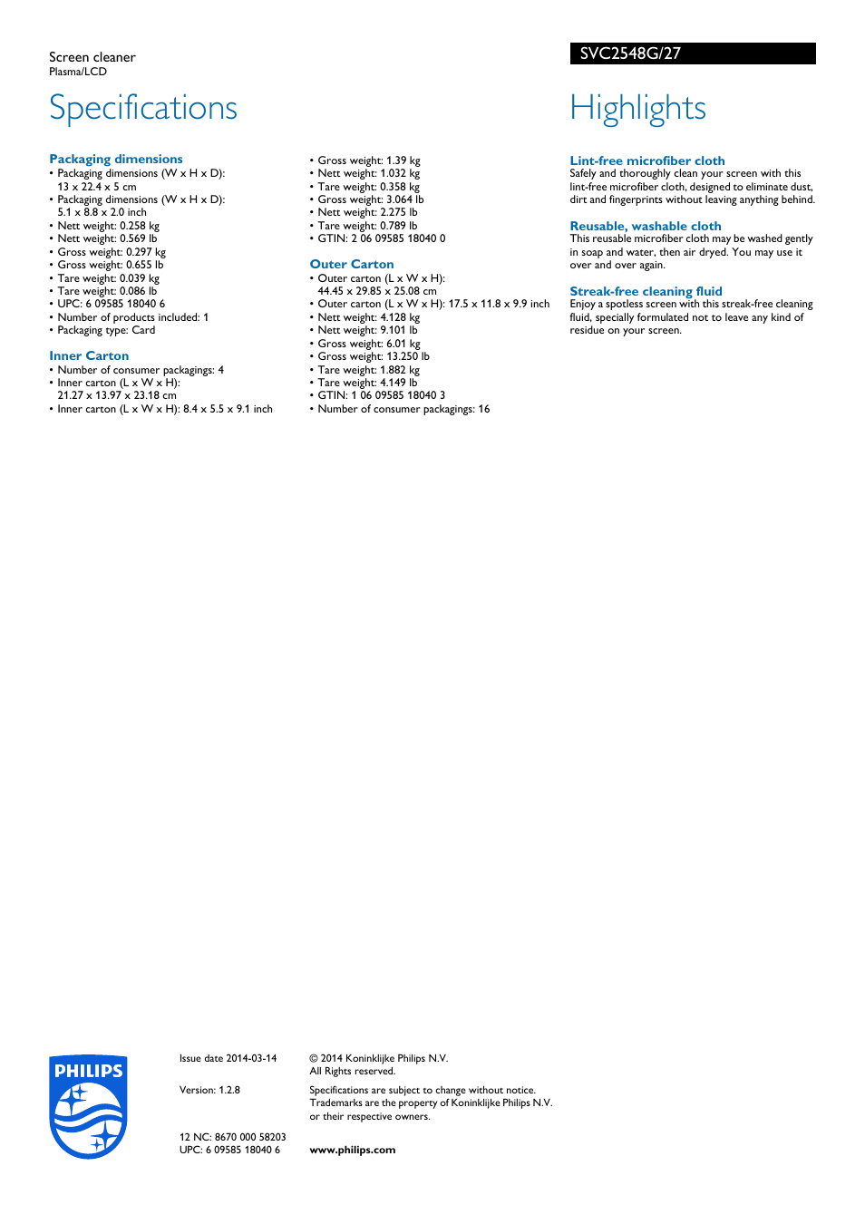 Specifications, Highlights | Philips SVC2548G-27 User Manual | Page 2 / 2