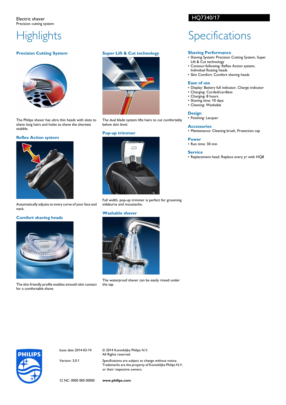 Highlights, Specifications | Philips HQ7340-17 User Manual | Page 2 / 2