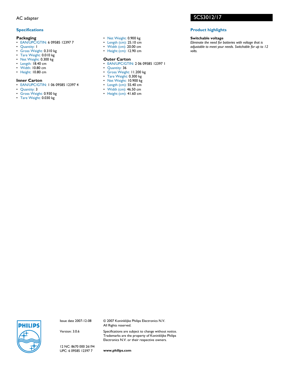 Philips SCS3012-17 User Manual | Page 2 / 2