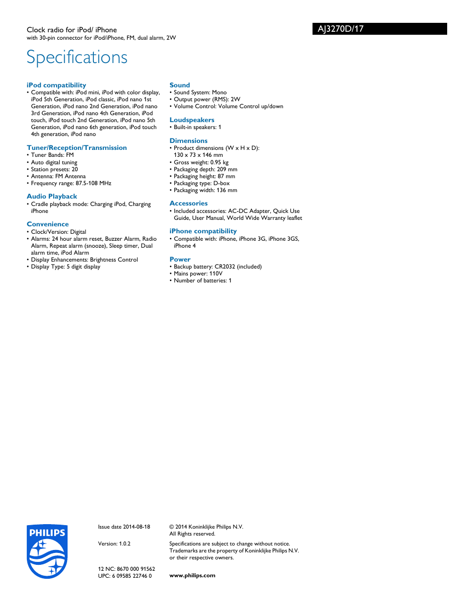 Specifications | Philips AJ3270D-17 User Manual | Page 3 / 3