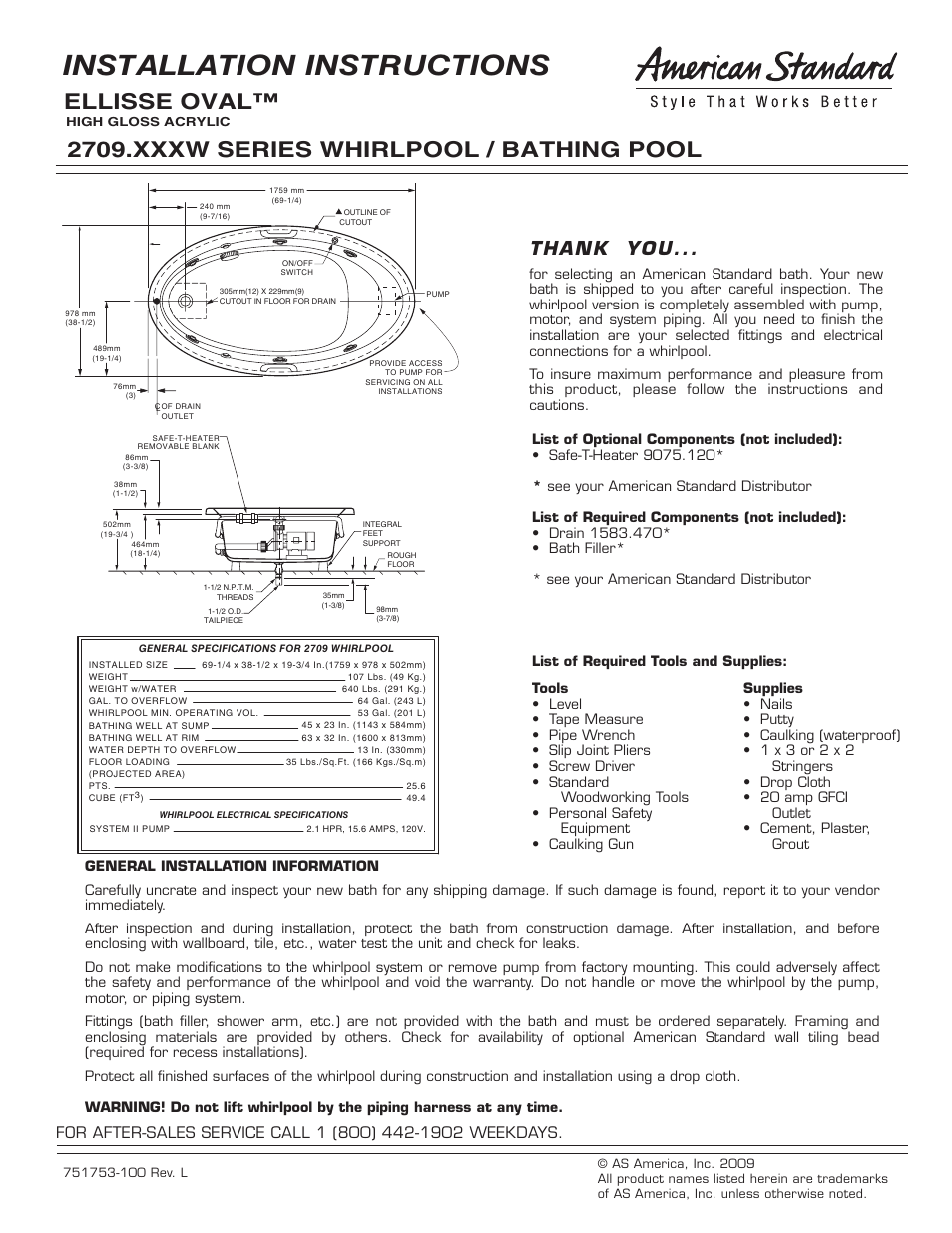 American Standard ELLISSE OVAL 2709 User Manual | 4 pages