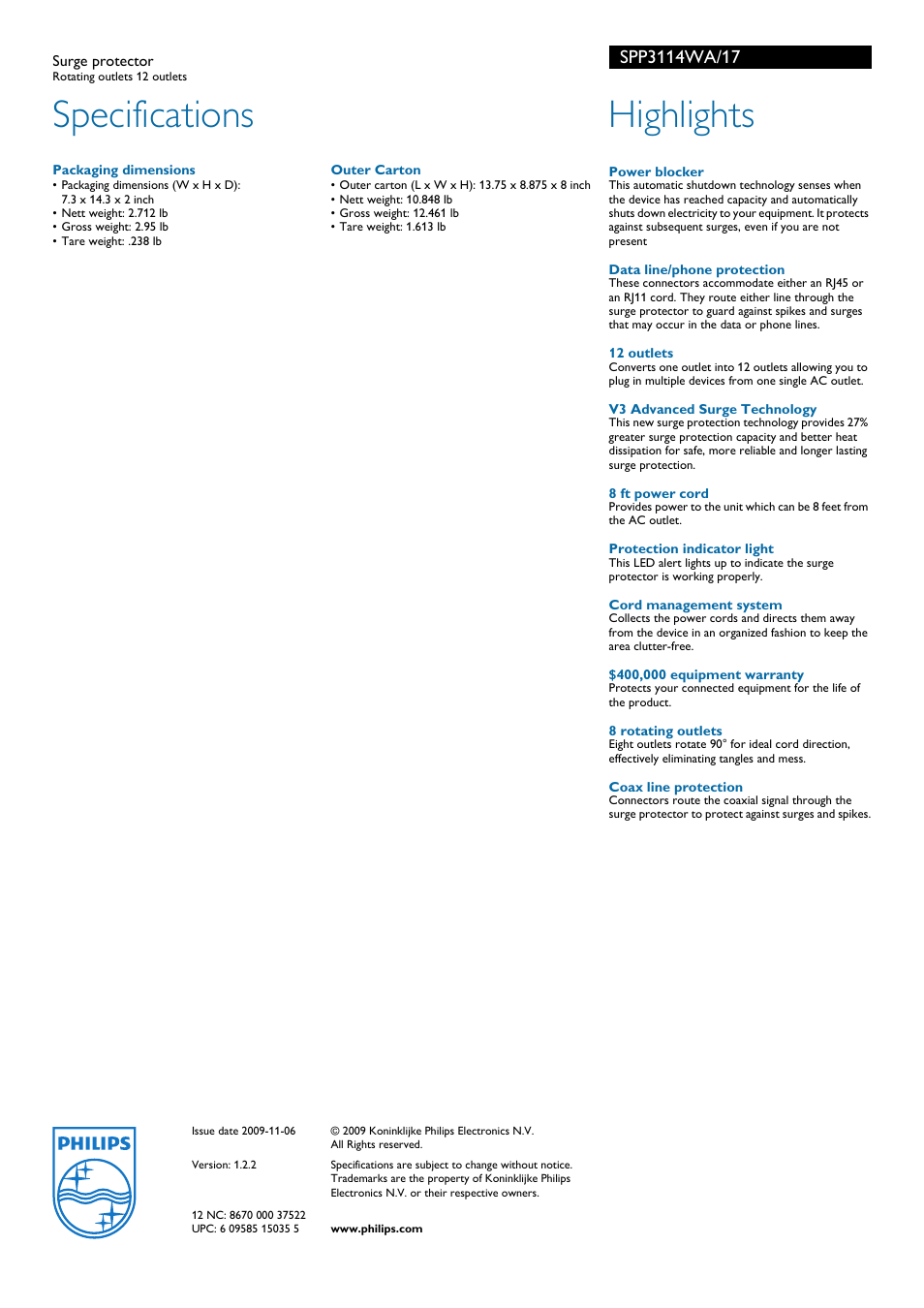 Specifications, Highlights | Philips SPP3114WA-17 User Manual | Page 2 / 2