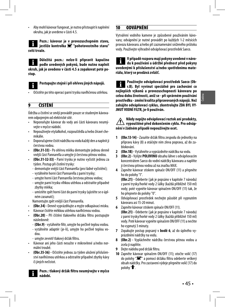 9 čistění, 10 odvápnění | Philips HD8327-01 User Manual | Page 45 / 108