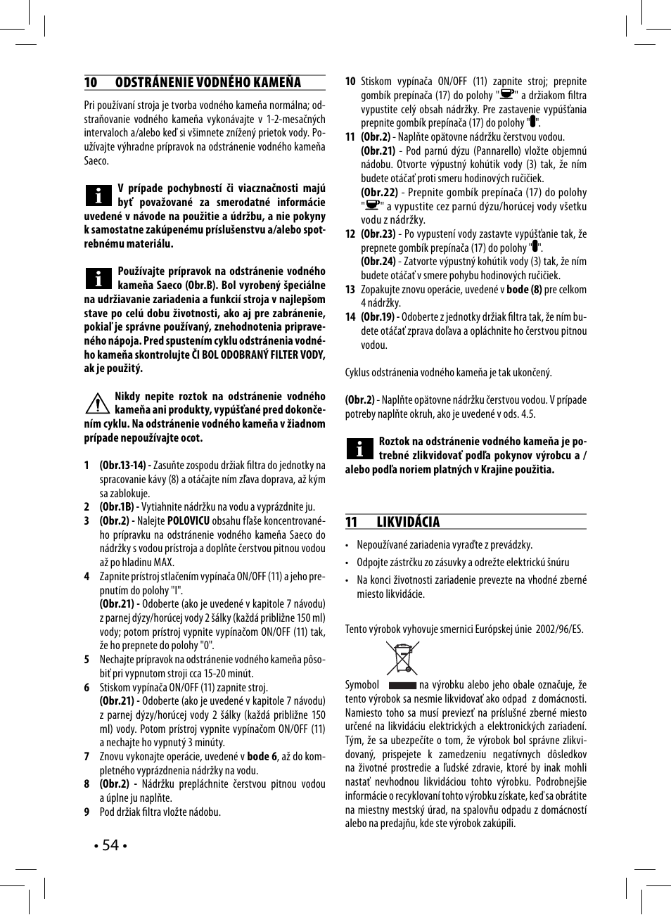 10 odstránenie vodného kameňa, 11 likvidácia | Philips HD8327-01 User Manual | Page 54 / 108