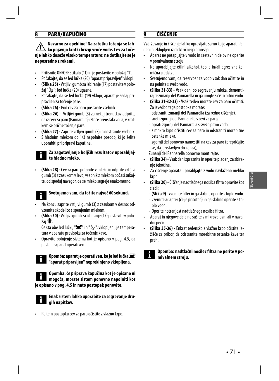 8 para/kapučino, 9 čiščenje | Philips HD8327-01 User Manual | Page 71 / 108