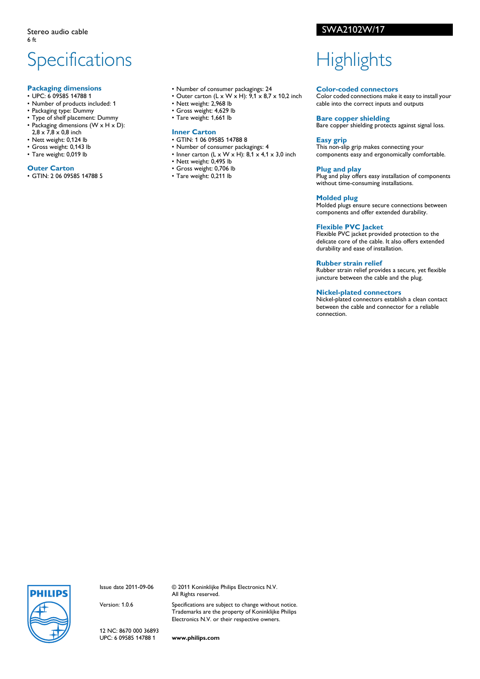 Specifications, Highlights | Philips SWA2102W-17 User Manual | Page 2 / 2