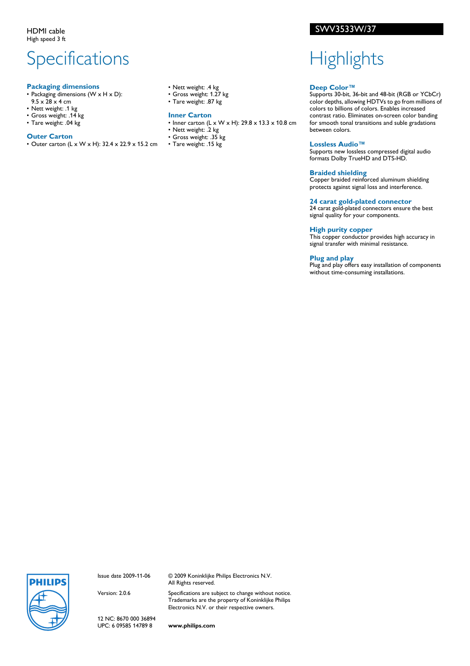 Specifications, Highlights | Philips SWV3533W-37 User Manual | Page 2 / 2