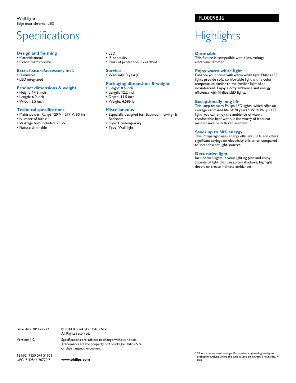 Specifications, Highlights | Philips FL0009836 User Manual | Page 2 / 2